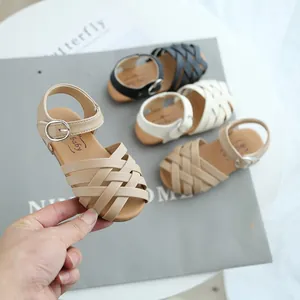 Girls Woven Sandals Summer Open Toe Princess Beach Shoes Synthetic Leather Soft Sole Woven Cross Straps For Toddler Kids Walking Sandals