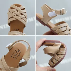 Girls' beige woven princess sandals with flexible soft sole and velcro closure