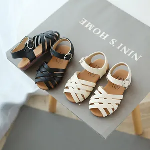 Girls woven strappy princess sandals in black and cream beige for summer beach wear