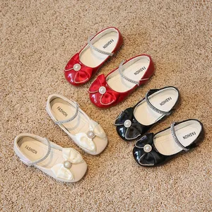 Chaussures Mary Jane pour filles en cuir verni avec nœud et perle en trois couleurs