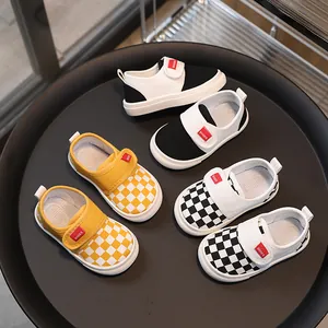 Kids checkered and solid canvas sneakers with easy velcro straps and rubber soles