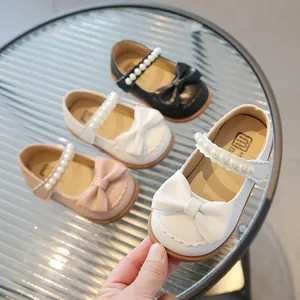 Mädchen Mary Jane Schuhe Künstliche Perle Schleife Prinzessin Flache Schuhe Rindspaltleder Rutschfeste Formelle Hochzeit Party Kleinkind Kinder Kleiderschuhe