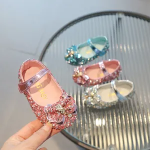 Girls Princess Crystal Shoes Sequins Rhinestone Bowknot Mary Jane Flats For Party Wedding Performance Sweet Kids Single Shoes