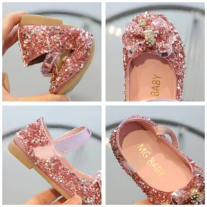 Pink sequin girls princess shoes with rhinestones and bow decoration for autumn season