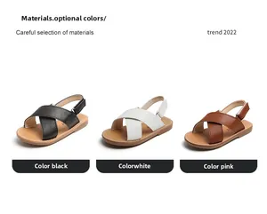 Detailed comparison of children's leather sandals in black, white, and brown with velcro