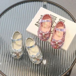 Sparkly girls' rhinestone Mary Jane princess shoes with bow detail in pink and silver