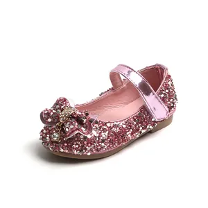 Pink sparkly sequin girls Mary Jane shoes with rhinestone bow and crystal pendant