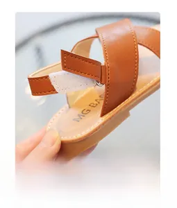 Detail of children's brown leather sandal featuring a convenient hook-and-loop strap