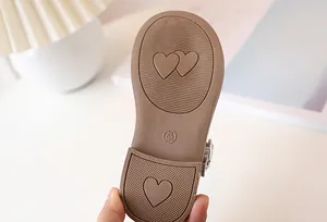 Detail view of anti-slip rubber sole with heart patterns and size 26 marking on girls shoes