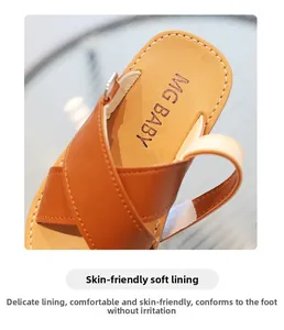 Close-up of children's Roman sandals showing soft skin-friendly lining and Velcro straps