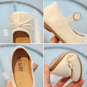 White girls Mary Jane shoes with bow detail and flexible rubber sole for toddler girls
