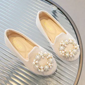 Chaussures de princesse beiges pour filles avec boucle en perles et strass brillants