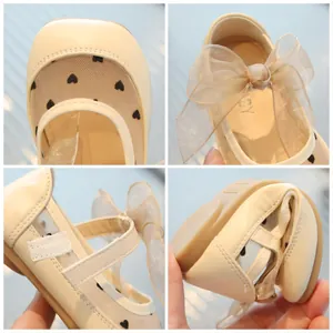 Scarpe Mary Jane beige da bambina con fiocco in organza e suola in gomma flessibile