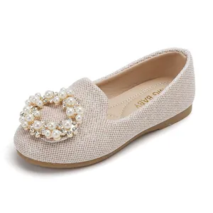 Chaussures de princesse beiges pour filles avec boucle élégante en perles et strass