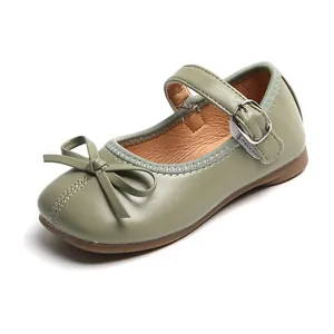 Sage green matte leather Mary Jane shoes for girls featuring a cute bow and T-strap