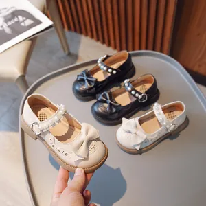 Girls Mary Jane Princess Shoes Butterfly Bow Artificial Pearl Strap Heart Cutout PU Leather Non-Slip Rubber Sole Party Wedding Shoes