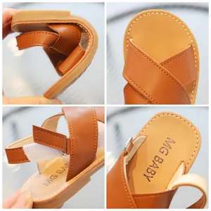 Brown leather kids Roman sandals with flexible soft sole and velcro straps for summer