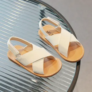 Kids breathable soft leather roman sandals in cream white with adjustable velcro straps
