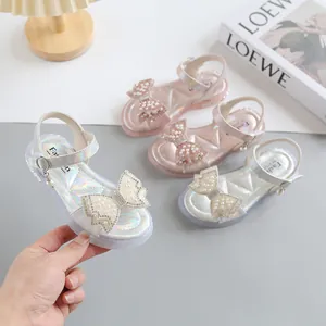 Girls Sandals Artificial Pearl Bowknot Princess Shoes Holographic Artificial Leather Rhinestone Breathable Casual Summer Dress Shoes For Girls