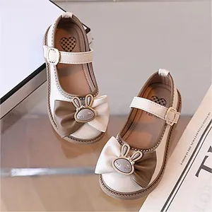 Scarpe Mary Jane da bambina in pelle con fiocco, coniglio e suola antiscivolo beige e marrone