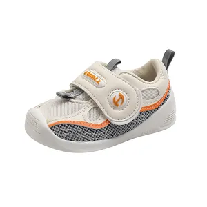 Chaussures de marche pour bébés en maille blanc cassé avec sangles velcro orange