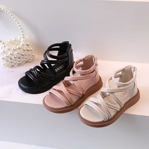 Retro Kinder Riemchensandalen in Schwarz, Rosa und Beige mit Reißverschluss hinten