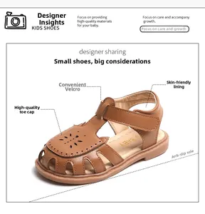 Dettagli di sandali in pelle per bambini con punta chiusa, chiusura a strappo e suola antiscivolo
