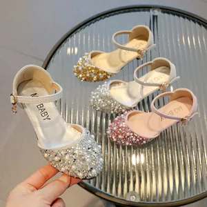 Girls Princess Sandals Kids Sequins Artificial Pearl Rhinestone Low Heel Mary Jane Shoes For Wedding Party Performance Dress Shoes