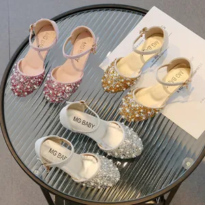 Girl's pointed princess sandals with sequins, pearls, and ankle strap in three colors