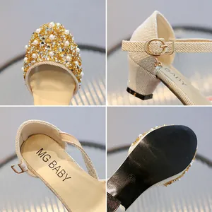 Sparkly girls princess shoes with gold sequins pearl beads and square heels for summer