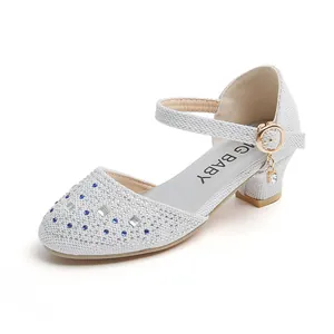 Sandales de princesse argentées à talons hauts avec strass et paillettes pour filles
