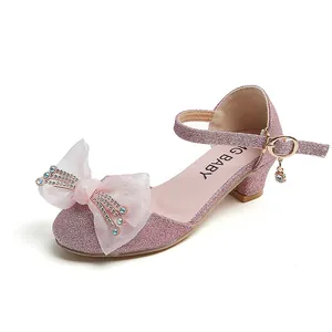Sandali principessa rosa per bambine con glitter e fiocco in rete con strass