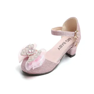 Sandales princesse roses à paillettes pour filles avec nœud et pendentif cœur strass