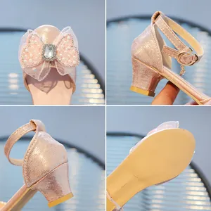 Sandales de princesse pailletées or rose pour filles avec nœud en strass et talon carré