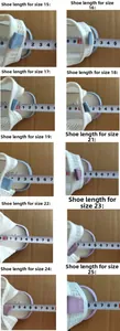 Detailed size chart for baby sandals showing inner lengths from 11.5cm to 16.5cm