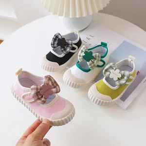 Toddler Girls Bowknot Mary Jane Canvas Shoes Fashion Flower Ornament Princess Flat Sneakers For Preschool Nursery Daily Casual Wear