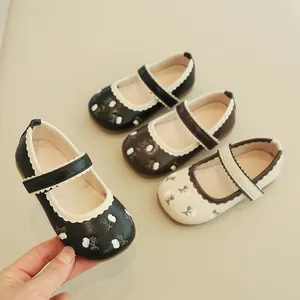 Girls' floral embroidery Mary Jane shoes in black, brown and cream with scalloped edges