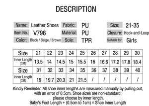 Detailed size chart for girls' floral princess shoes with PU material and TPR sole