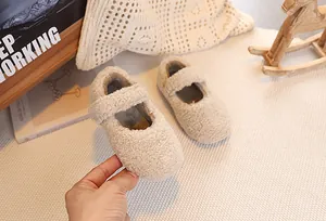 Plush cream fleece Mary Jane shoes for kids with convenient Velcro strap in warm setting