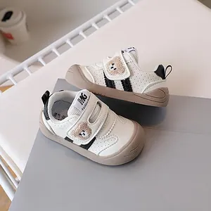 Breathable baby walker shoes with cute bear embroidery and non-slip rubber soles