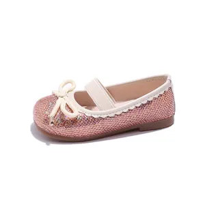 Pink sequin Mary Jane princess shoes with bow detail and wavy trim for girls fashion