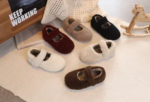 Detail view of colorful faux fur Mary Jane shoes for children in six warm autumn colors