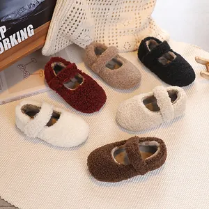 Girls Kids Sherpa Fleece Mary Jane Shoes Winter Warm Plush Velcro Anti Slip Flat Princess Shoes For Toddler Little Girls