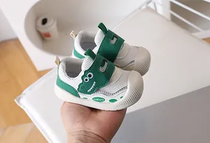 Close-up of baby walking shoe with breathable mesh and protective rubber toe cap