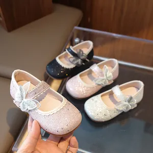 Girls Glitter Mary Jane Shoes Sparkly Princess Flat Shoes With Butterfly Bow For Wedding Party Party Kids Sweet Shoes