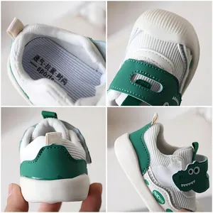 Breathable baby dinosaur sneakers with velcro strap and anti-shock insoles in white and green
