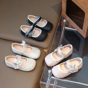 Girls Mary Jane Princess Shoes Glitter Butterfly Bow Sparkly Flat Party Dress Shoes For Toddlers Kids Beige Pink Black