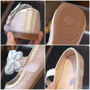 Pink sequin girls Mary Jane shoes with 3D bow and heart-shaped anti-slip rubber sole