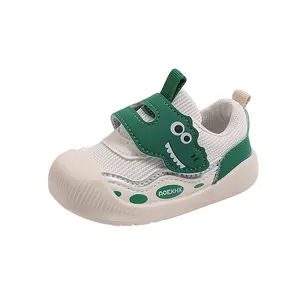 White breathable mesh toddler shoes with green dinosaur velcro and anti-collision toe cap