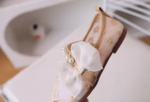 Detailed macro of girls' mesh Mary Jane shoe featuring daisy embroidery and pearls
